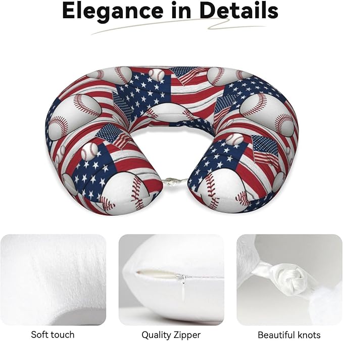 Travel Pillow Chin Neck Support, Comfortable Airplane Car Pillows for Rest, Memory Foam U Shaped Office Home Nap Sleeping Cushion Rustic Wooden American Flag Baseball Sport