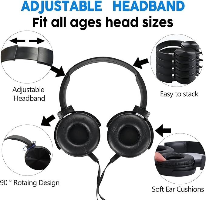 Bulk Kids Headphones for School Classroom 5-Pack,Durable Wired On-Ear 3.5mm Plug for Kids,Students,Computer,Kindle Fire,Chromebook,Laptop,Mobile Phone-Black