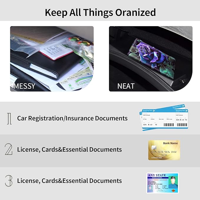 Car Registration and Insurance Holder, Leather Car Glove Box Organizer, Cool Car Accessories for ID, Driver's License Cards & Essential Document,Business Cards,Men&Women,Purple Rose Flower