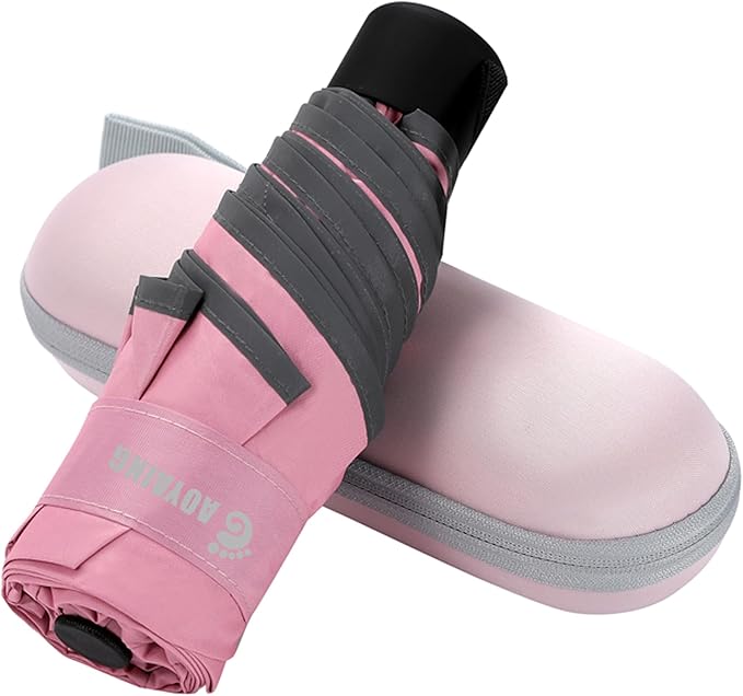 GAOYAING Mini Compact Travel Umbrella with Reflective Safety Stripes, Portable Folding Design with Case