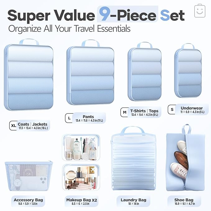 Veken 9/11 Set Compression Packing Cubes for Travel Essentials,Compressible Expandable Large Luggage Suitcase Organizer Bags for Clothing,Durable Space Saver Storage Bags(Light Blue)