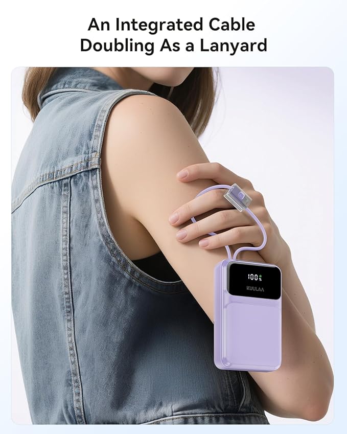 Kuulaa Portable Charger Power Bank 20000mAh,22.5W Fast Charging with Built-in Cables,Travel Essentials Battery Pack with LED Display,Compatible with iPhone Samsung Google iPad Android,Purple