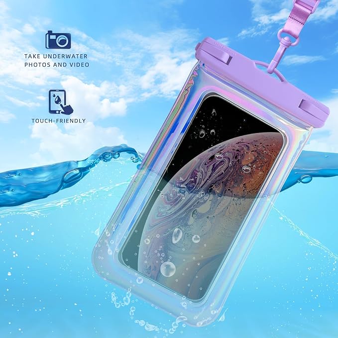 Floatable Waterproof Phone Pouch Case 2 Pax for iPhone 17 16 Pro Max/15/14/13/12, IP68 Travel Cellphone Dry Bag Beach Cruise Ship Essentials Bags with Crossbody Lanyard, Iridescent Purple and Blue-7″