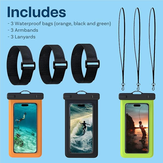 MMOBIEL Waterproof Phone Pouch [3 Pack] – Case Up to 7 inch for iPhone 16 15 14 Pro Max, Samsung Galaxy S25 S24 S23 S22 Series etc. – Cell Phone Dry Bag with Lanyard, Armband – Black, Green, Orange