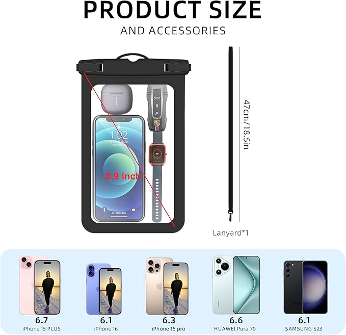 [Up to 8.9" 2 Pack Waterproof Phone Pouch Case,Waterproof Phone Bag for iPhone 17 16 15 14 13 Pro Max Plus Galaxy S25 S24 Ultar Plus+,IPX8 Cellphone Dry Bag Beach Travel Essentials-Black
