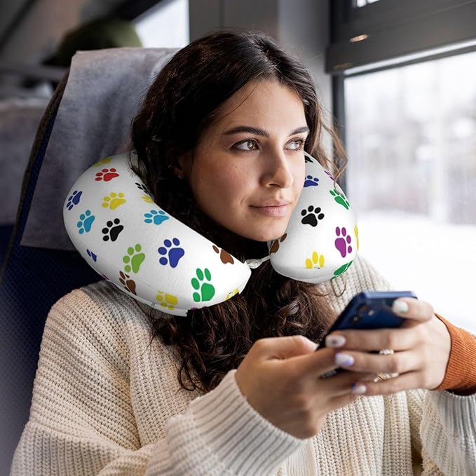 Comfortable Travel Pillow for Pain Relief Sleeping, Memory Foam Airplane Car Neck Pain Pillows Colorful Paw Prints, Funny Chin Head Support Cushion