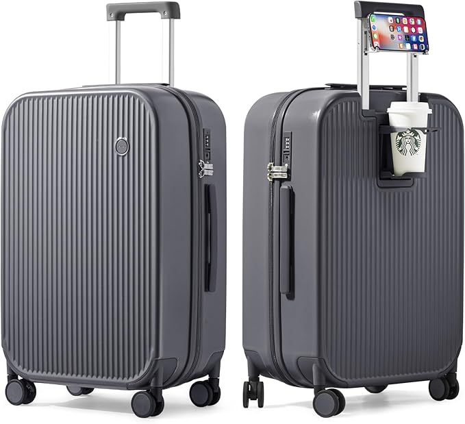 mixi Checked Luggage with Cup Phone Holder Hard Shell Rolling Travel Suitcase with Spinner Wheels,24 Inch Rock Grey