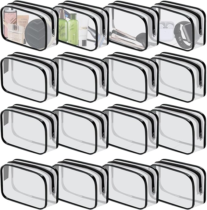 16 Pieces Clear Cosmetic Bags PVC Clear Makeup Bags TSA Approved Toiletry Bag with Zipper Waterproof Vinyl Plastic Organizer Storage Transparent Pouch for Women and Men (Black, Small)