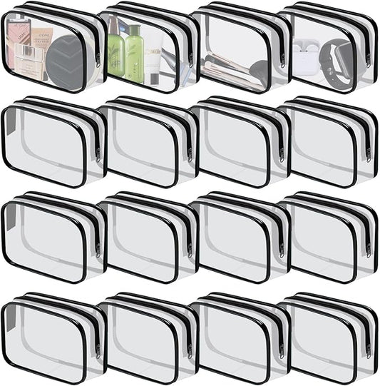 16 Pieces Clear Cosmetic Bags PVC Clear Makeup Bags TSA Approved Toiletry Bag with Zipper Waterproof Vinyl Plastic Organizer Storage Transparent Pouch for Women and Men (Black, Small)