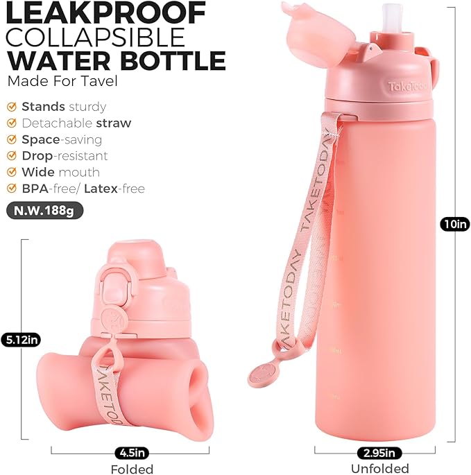 TakeToday Collapsible Water Bottles 20oz, Leak Proof, BPA-Free, Foldable Silicone Travel Water Bottle with Straw Strap for Cycling, Hiking, Outdoors