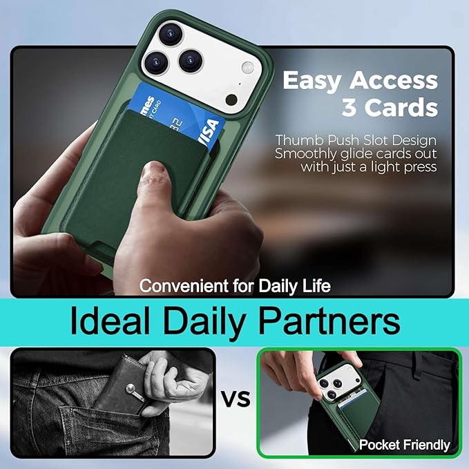 Ntwinro Magnetic for iPhone 17 Pro Case (Compatible with MagSafe) with Detachable Wallet & Card Holder for 3 Cards [RFID Blocking] Military Grade Protective Slim Phone Cover, Green