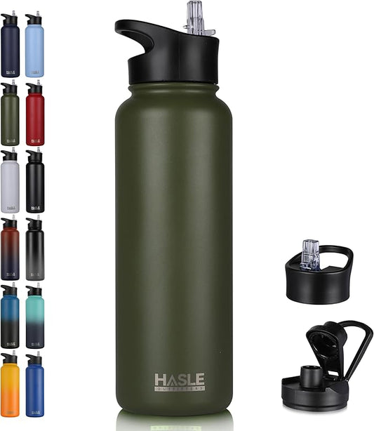 HASLE OUTFITTERS 40oz Stainless Steel Water Bottle, Vacuum Insulated Double Walled Leak Proof Sports Water Bottle with 2 Lids (Straw and Spout Lid) Thermo Mug Keep Cold and Hot(Army Green,1)