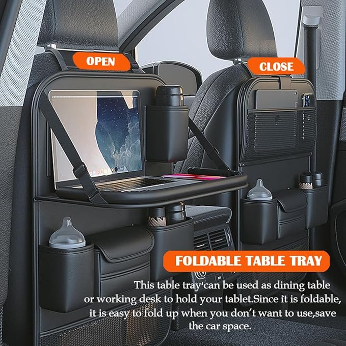 Car Backseat Organizer with Foldable Table Tray,Car Seat Back Protector with Touch Screen Phone Holder,Premium PU Leather Material,Compatible with Most Vehicles,Inner Car Accessories