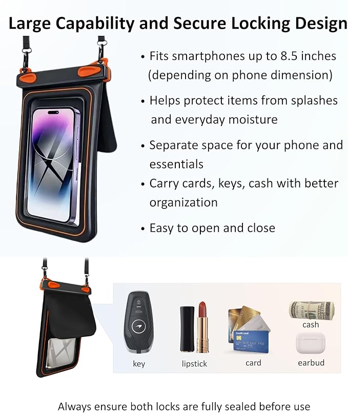 2 Pack Floating Phone Pouch with Dual Compartments, IPX8 Rated Waterproof Case for Rain, Beach, Boating & Kayaking, Clear Touch Screen, Fits Phones Up to 8.5”(Black-White)