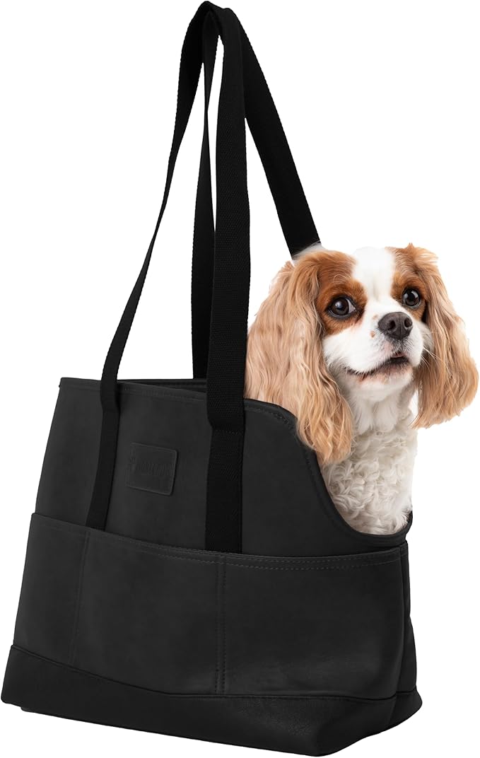Faux Leather Dog Carrier for Small Dogs, Water-Resistant Designer Dog Purse with Safety Harness, Fashion Pet Carrier for Dogs 5-15 lbs, Luxury Dog Shoulder Carrier, Woven Black