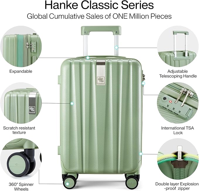 Hanke 29 Inch Expandable Checked Luggage Lightweight PC Hard Shell Luggage Suitcases with Wheels Travel Luggage Rolling Large Suitcase Travel Luggage Bag for Study Abroad.(Bamboo Green)