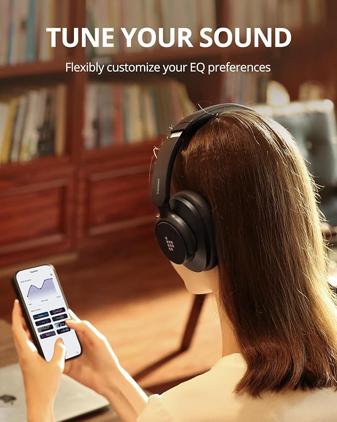 Tronsmart Q20S Hybrid Active Noise Cancelling Headphones, Wireless Over Ear Headphones with Mic, Hi-Res Audio, 60H Playtime, Deep Bass Custom EQ via App, Comfort Fit, for Travel Home Office