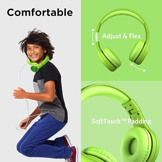 LilGadgets Connect+ Pro Wired Kids Headphones for School with Microphone, Volume Limiting Over-Ear Headset with Cord, SharePort Technology & SoftTouch Padding, Green