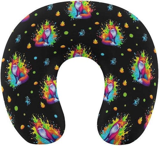 Memory Foam Travel Pillow Colorful Nine Tailed Fox Art, Breathable Chin Head Support, Washable Zip Cover for Airplane Car Office Pain Relief
