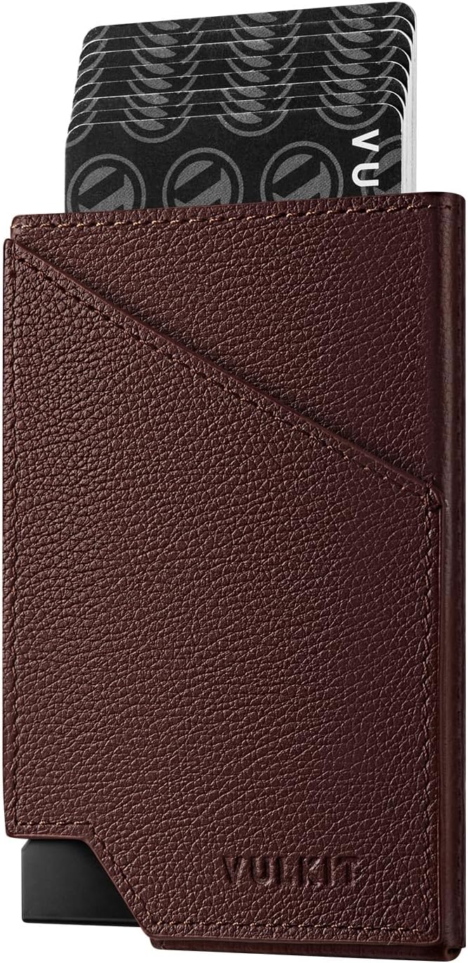 VULKIT Pop up Card Wallet Genuine Leather RFID Blocking Slim Aluminum Metal Bank Card Holder Case with Business Money Pocket for Credit Cards Notes and Coins Espresso