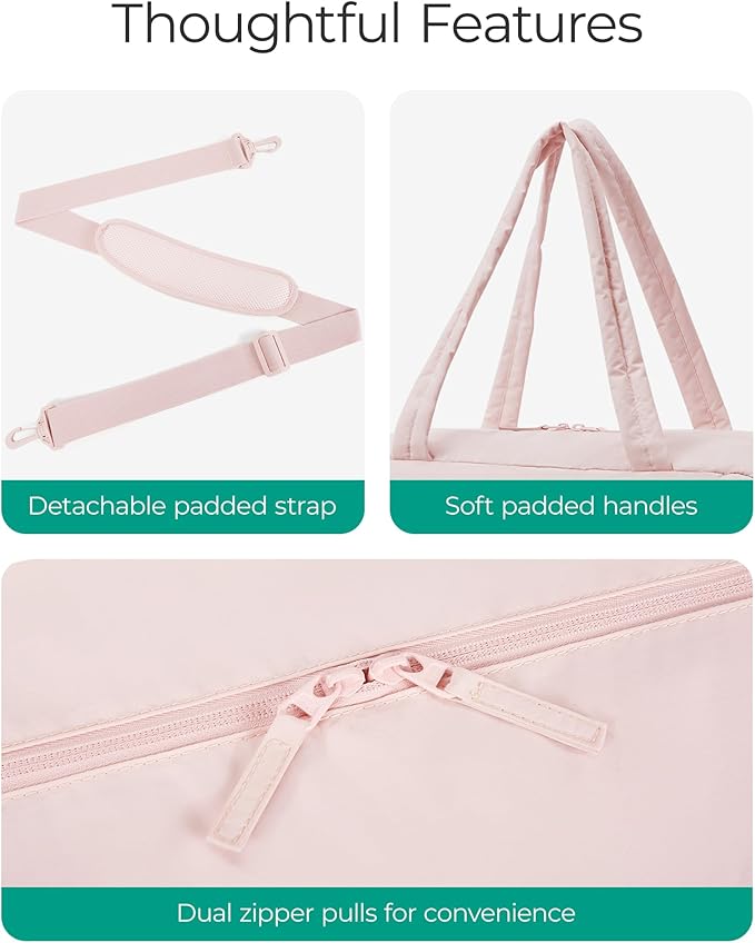 BAGSMART Gym Bag for Women, Lightweight Puffer Duffle Bag 2-PC Travel Bag, 31L Weekender Overnight Bag Quilted Carry On Tote Bag, Diaper Hospital Dance bag for Travel, Gym, Water Resistant, Pink