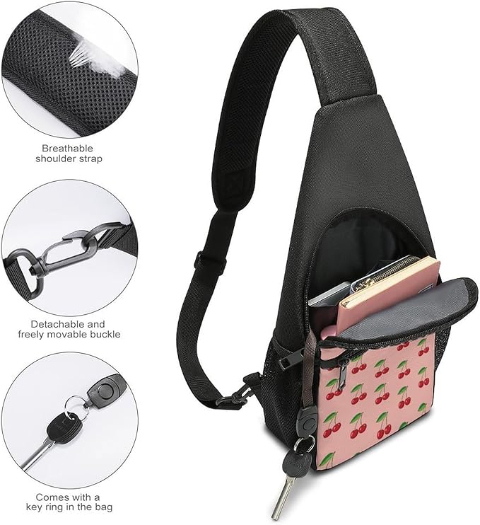 SWEET TANG Cute Sling Shoulder Backpacks Pink Cherry Fruit Theme Cherries Bags Chest Sack, Anti Theft Crossbody Rucksack for Hiking Traveling Sports, Multipurpose Daypacks for Men Women