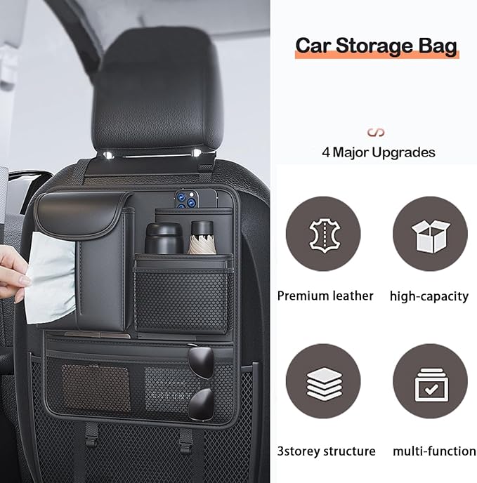 RAKSONIC Backseat Car Organizer,5 Storage Pocketscar Seat Organizer,Car Storage Organizer with Foldable Food Tray,Car Seat Back Protectors Kick Mats Travel Accessories