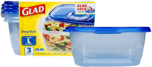 Glad GladWare Deep Dish Food Storage Containers, Large Rectangle - Meal Container Holds up to 64 Ounces of Food - Lock Tight Seal, 3 Count