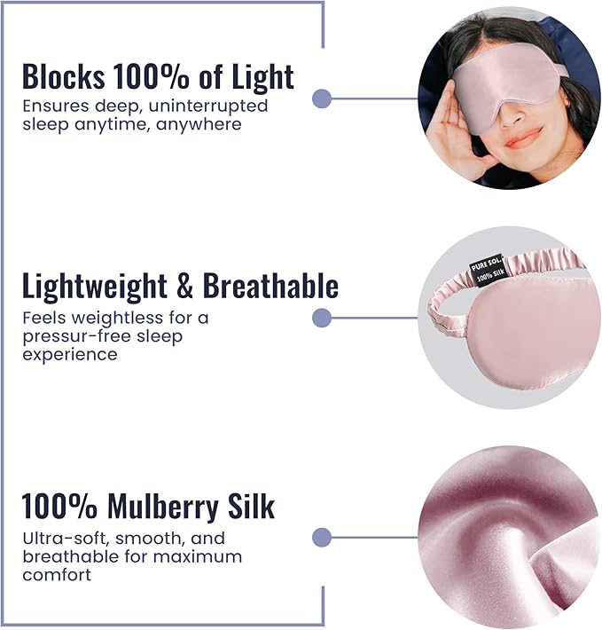 Pure SOL. Silk Sleep Mask - 100% Mulberry Silk Eye Mask - Eye Mask for Sleeping & Blindfold for Power nap During Travel (Mauve)