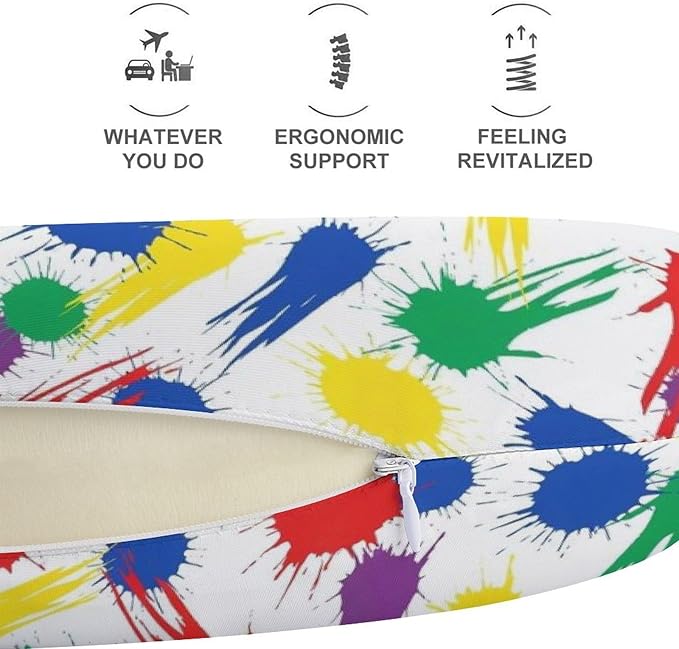 Fashion Travel Pillow Memory Foam Chin Head Support Colorful Paint Splatter, Breathable Washable Cover for Women Men Airplane Car Decor