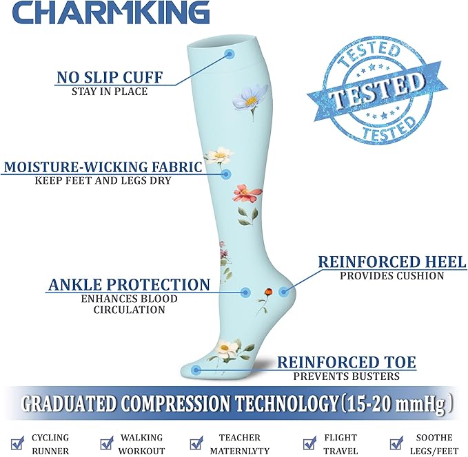 CHARMKING Compression Socks for Women & Men Circulation (8 Pairs) 15-20 mmHg is Best Support for Athletic Running,Cycling