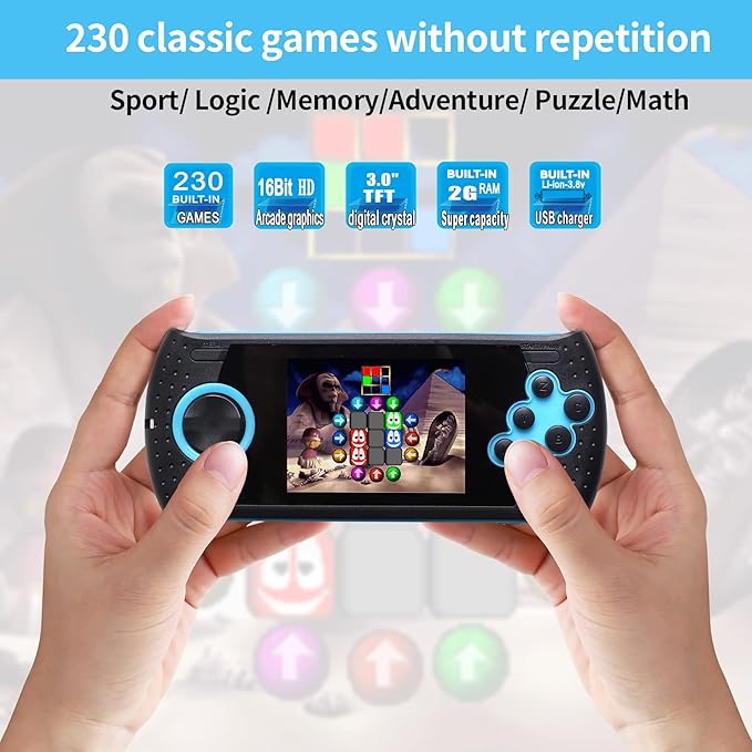 16 Bit Handheld Game for Kids Built-in 230 HD Classic Retro Video Games USB Rechargeable 3.0 Inch Childrens Travel Electronics Toys Portable Gaming Player System Gift for Boys Girls Ages 4-8-12