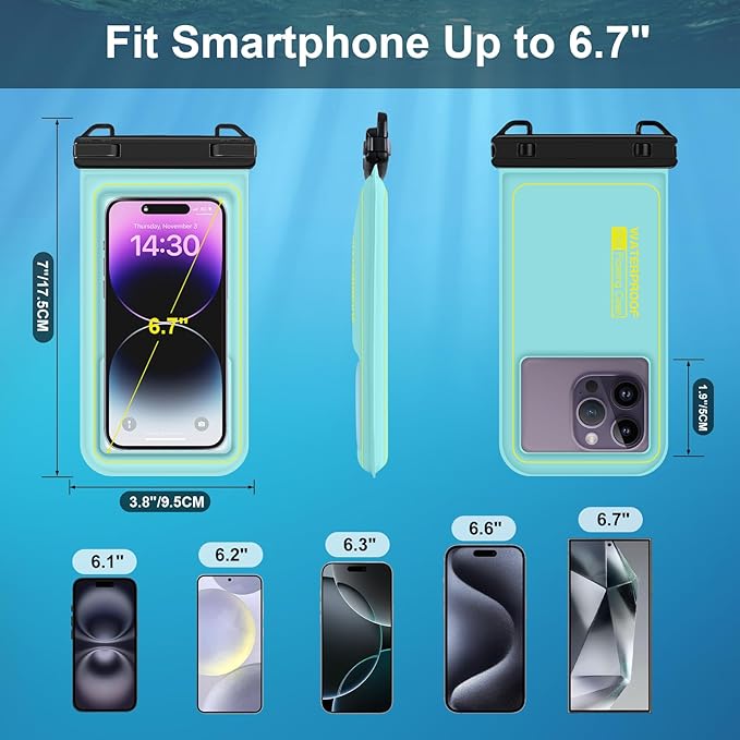 Floating Waterproof Phone Pouch, Water Proof Cell Phone Dry Bag with Adjustable Lanyard, IP68 Waterproof Phone Case for iPhone 16 Pro 15 14 13 Pro Max Samsung Galaxy Google, Up to 6.7'' Green