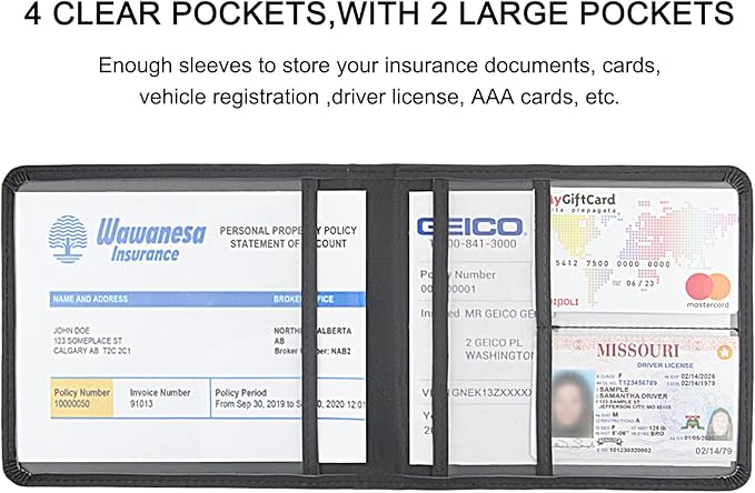 Car Registration and Insurance Holder, Leather Registration and Insurance Card Holder, Vehicle Glove Box Organizer - For Documents, Cards, License (Black)