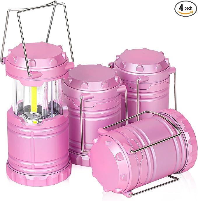 4-Pack Mini LED Pink Camping Lanterns, Portable Camping Lights, Outdoor Handled Lamps, Essential Emergency Lights for Power Outages, Hiking, Hurricane