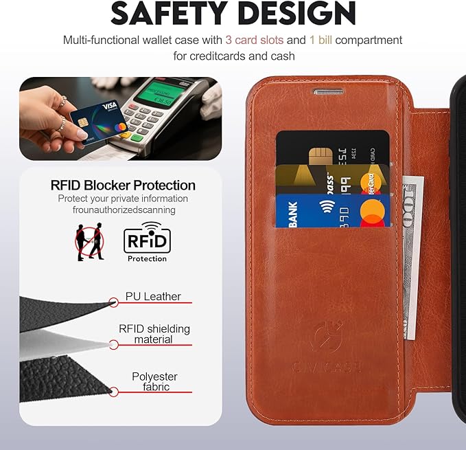 CIVICASE for iPhone 16 Pro Max Wallet Case with Stand,PU Leather Flip Credit Card Holder Slots (RFID Blocking),Compatible with Magsafe Magnetic Holder Phone Cover Women Men,Brown