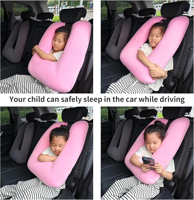 Travel Pillow, Travel Pillow for Adults and Children, Road Trip Sleeping Pillow, Provides Head and Body Support for Adults and Children in The Back Seat of Long Car Trips, Pink