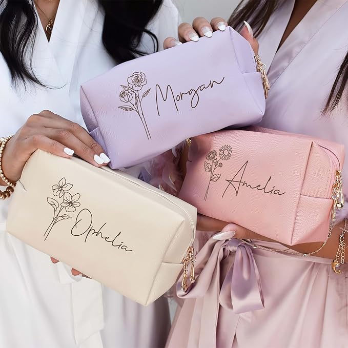 DayOfShe Personalized Bridesmaid Gifts Makeup Bag with Name and Birth Flower, Custom Travel Makeup bag for Toiletries Bridal Shower Gifts