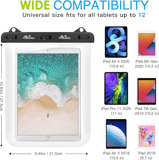 MoKo Waterproof Tablet Case, Tablet Pouch Dry Bag Compatible with iPad 10th, iPad 9/9.7/10.2, iPad Mini 6/5/4/3, iPad Air 5/4, Air 3 10.5, iPad Pro 11 2022, Galaxy Tab S6/S7, Tab A 9.7, Up to 12"