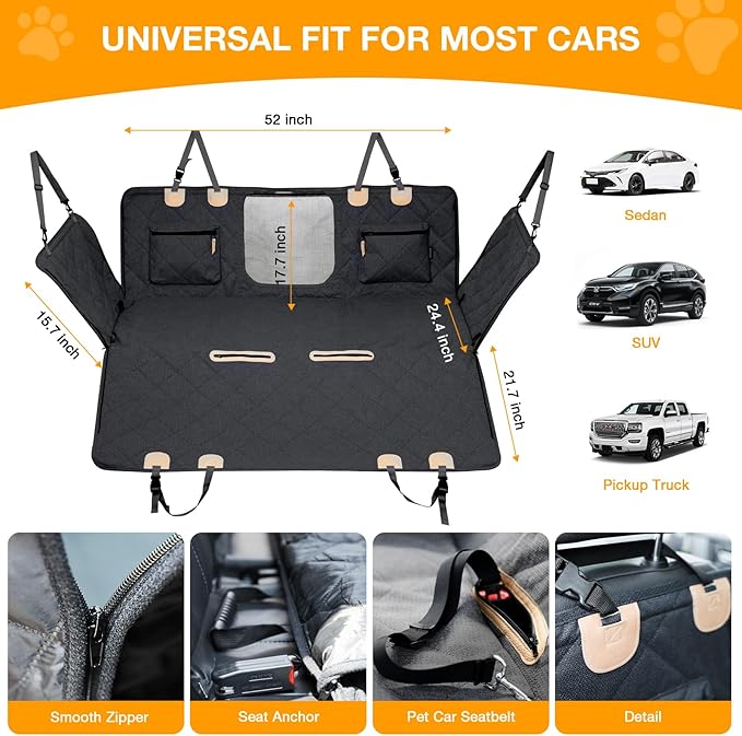 Dog Car Seat Cover, Hard-Bottom Back Seat Extender for Pets, Waterproof Nonslip Hammock for Car, Backseat Dog Bed for Cars SUVs Trucks, Car Seat Protector, Universal Fit 52 x 25 in, Black