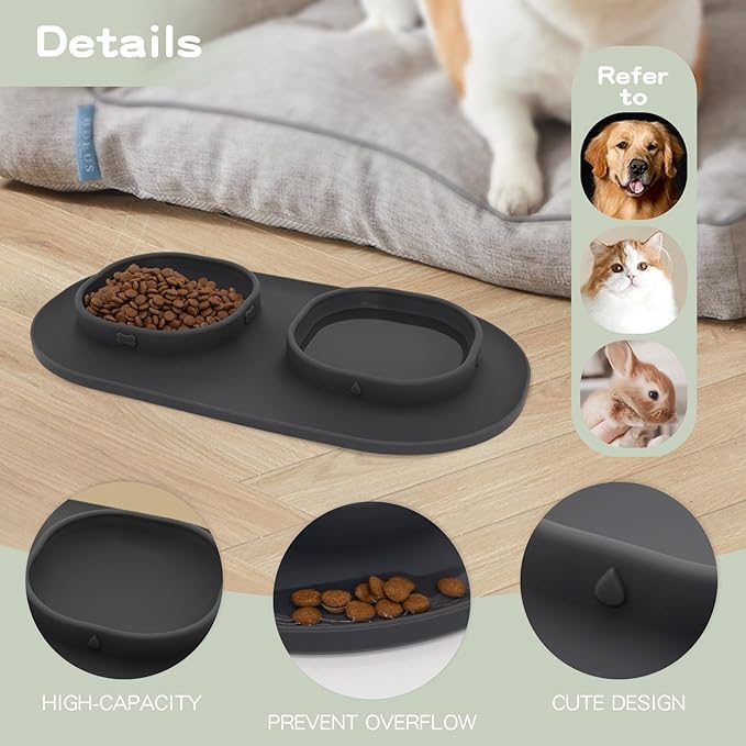 Dog Food Bowls Pet Bowls & Dog Water Bowls with No-Spill and Non-Skid, Feeder Bowls with Dog Bowl Mat for Small Medium Large Size Dogs Cats Puppy Pets, Dog Dishes (Grey)