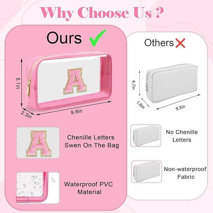 Personalized Initial Letter Clear Makeup Bag,Preppy Small Nylon&PVC Cosmetic Zipper Bag with Chenille Letter,Portable Beach Travel Skincare Toiletry Bag,Trendy Monogram Gift for Teen Girls Women,N
