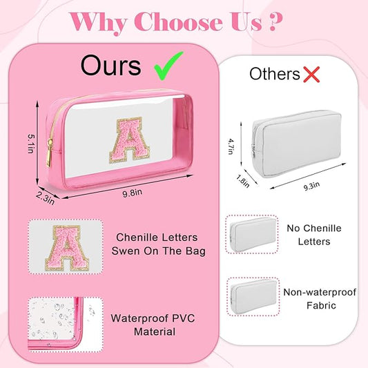 Personalized Initial Letter Clear Makeup Bag,Preppy Small Nylon&PVC Cosmetic Zipper Bag with Chenille Letter,Portable Beach Travel Skincare Toiletry Bag,Trendy Monogram Gift for Teen Girls Women,A