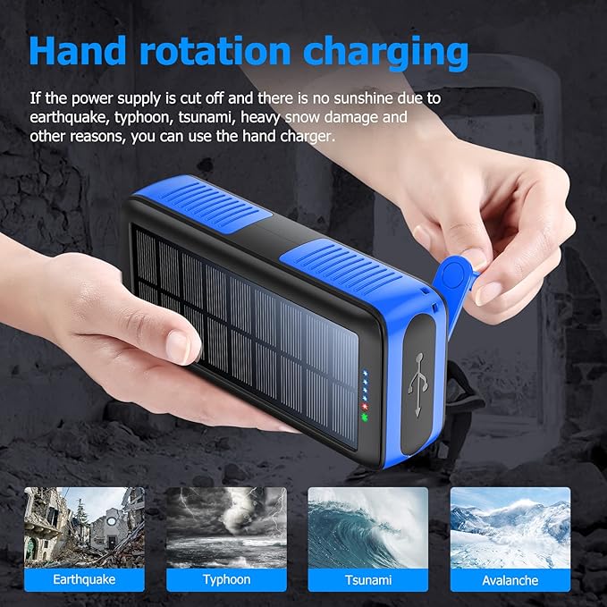 Solar Charger Power Bank 63200mAh, Portable Charger with Dual Outputs & Dual Inputs 4 LEDs Flashlight, Hand Crank Power Bank Fast Charging Battery Pack for Outdoor Camping Survival Gear