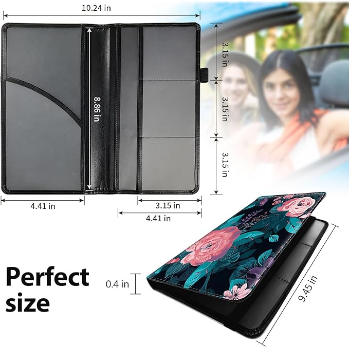 Car Registration and Insurance Holder, Leather Car Glove Box Organizer, Cool Car Accessories for ID, Driver's License Cards & Essential Document,business cards,Men&Women,Pink Flowers