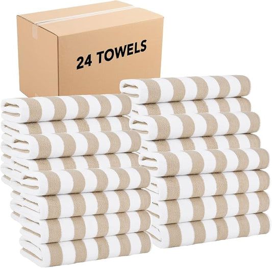 Arkwright California Cabana Stripe Beach Towel Bulk - Case of 24, Large Soft Quick Dry Cotton Terry Towels Set for Pool, Swim, and Hot Tub, Oversized 30 x 70 in, Beige