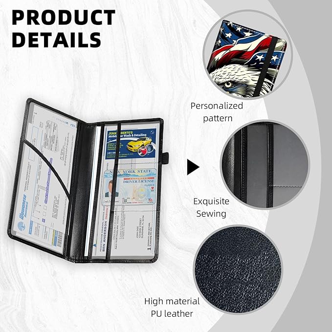 Car Registration and Insurance Holder PU Leather Vehicle Insurance and Registration Holders Wallet Case with Elastic Band Closure for ID Card, Driving Licence, American Flag Eagle