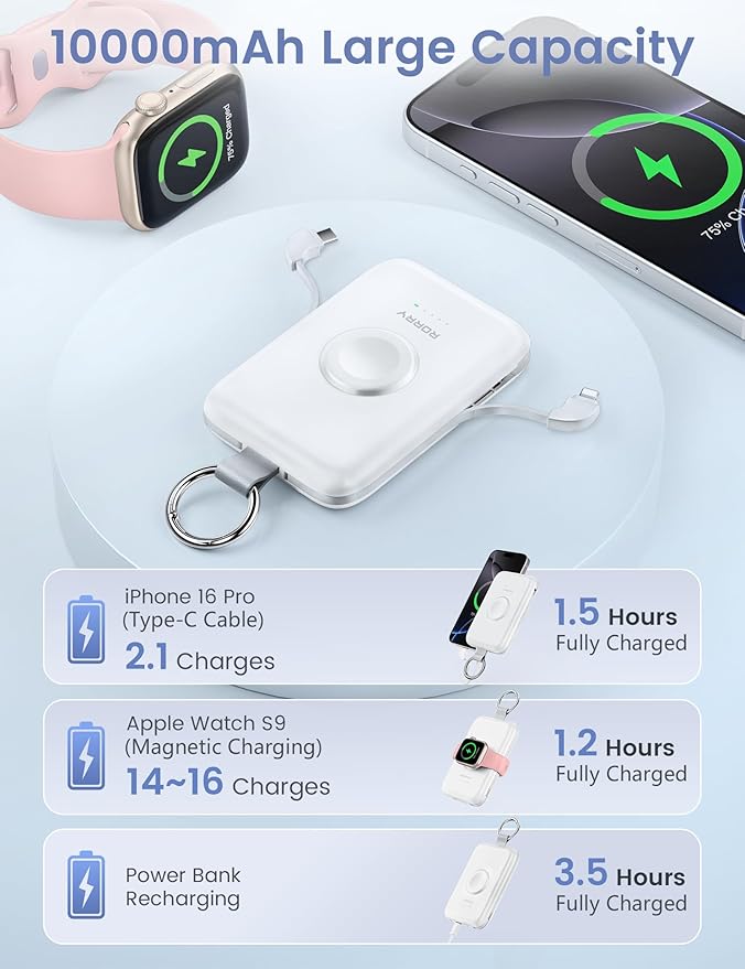 RORRY Portable Charger, 10000mAh PD 20W Fast Charging Portable Charger Power Bank with Built in Cables, Travel Battery Pack for iPhone 17/16/15/14/13/12 and Apple Watch Ultra/11/10/9/8/7/6/5, White