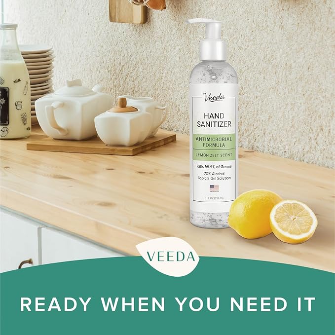 Veeda Scented Hand Sanitizer with Lemon Zest Scent - Moisturizing Clear Gel with Vitamin E & Antimicrobial Formula- Contains 70% Ethyl Alcohol - Hand Sanitizer Travel Size, Made in USA - 8 fl. oz.