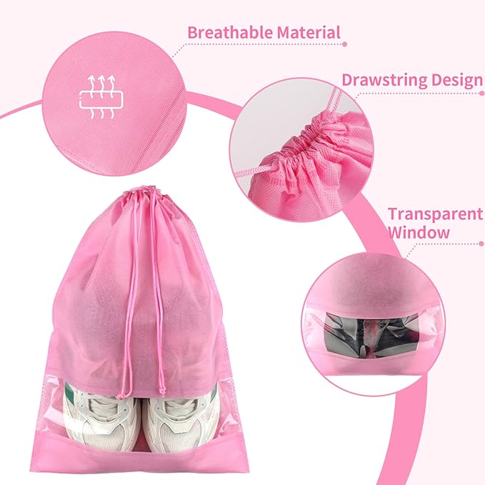 Pink Travel Shoe Bags - 5 Pcs Non-Woven Drawstring Packing Bags with Clear Window (15.7" x 11.8")
